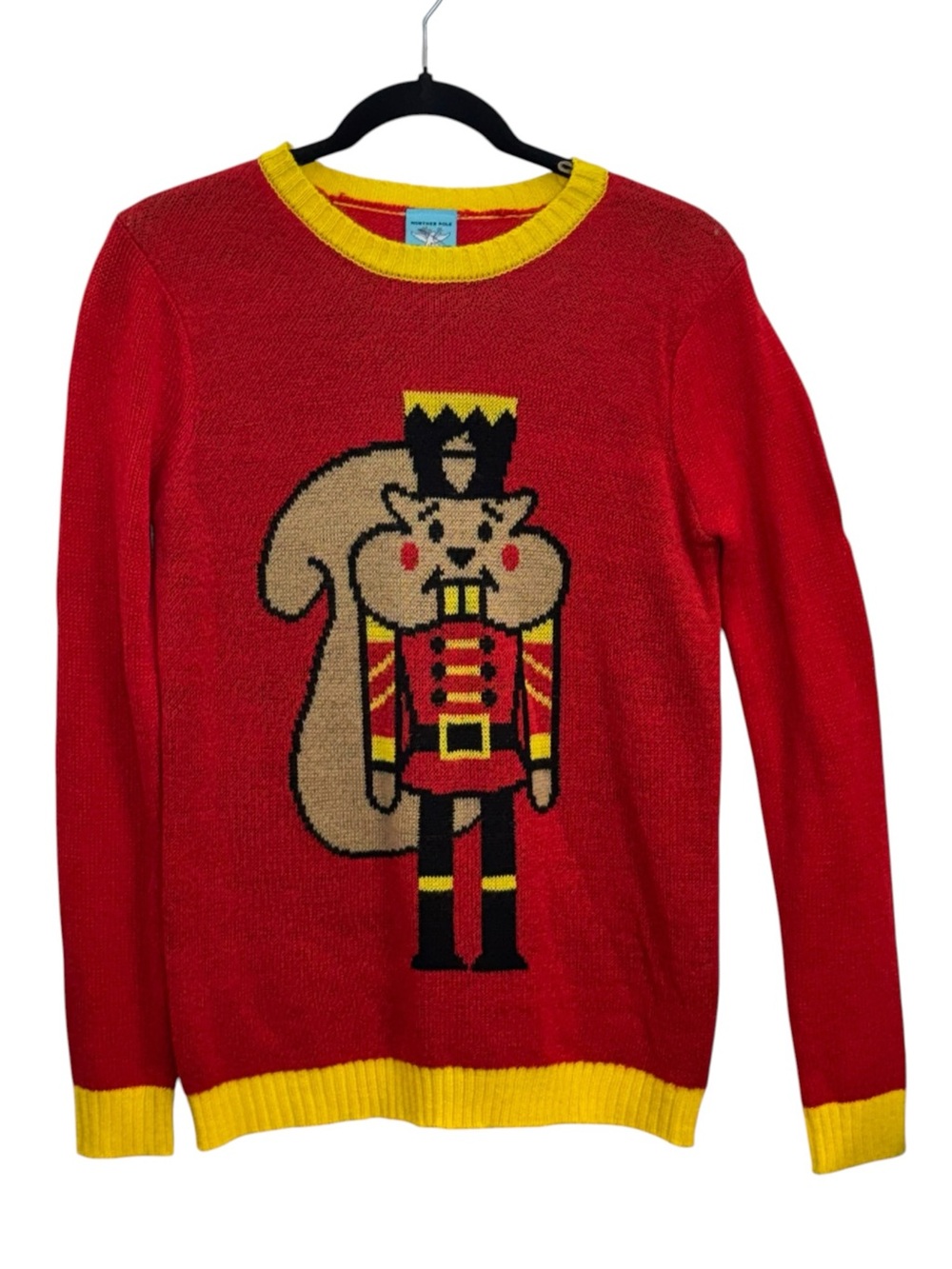Red Nutcracker Squirrel Holiday Sweater with Yellow Trim